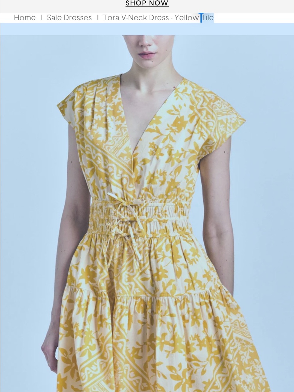 10 Crosby Derek Lam Yellow Floral V-Neck Smocked Tiered Midi Dress